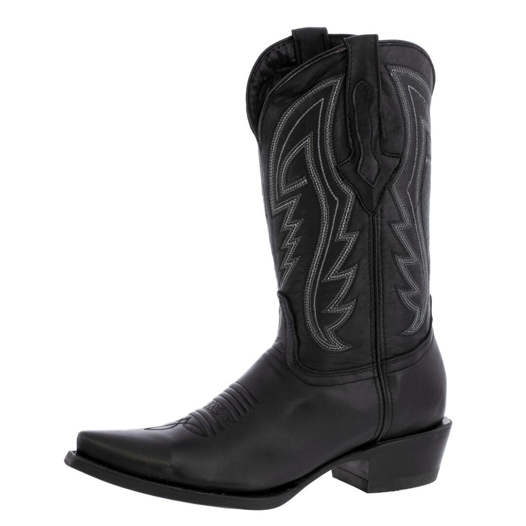 Mens Western Wear Black Cowboy Boots Classic Stitched Genuine Leather Snip Toe