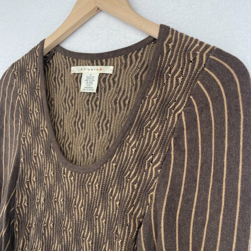 STUDIO M Dress Size M Sweater Knit Striped Scoop Neck Puff Sleeves Brown - Picture 5 of 12