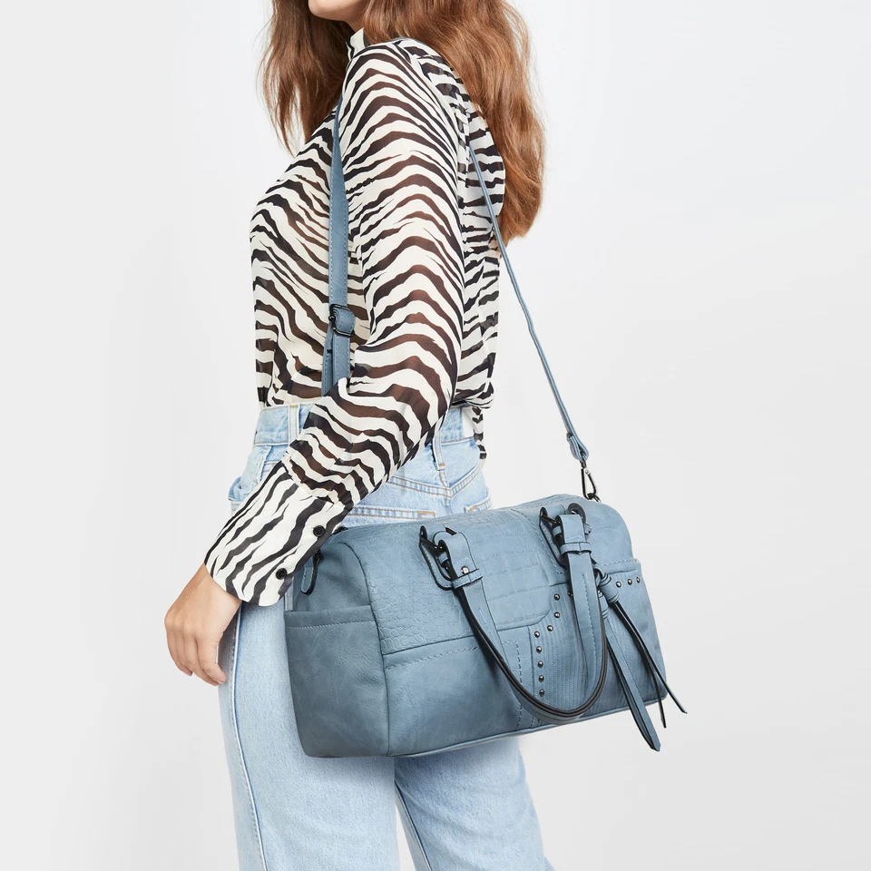 Womens Soft Vegan Leather Barrel Bags Large Hobo Top Handle Work Totes Satchel - Image 3 of 4