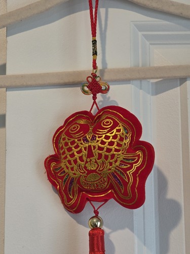 Vintage Silk Embroidered Satin Stuffed Koi Fish Hanging Art Ornament 15" - Picture 8 of 9