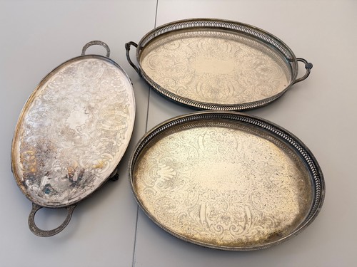 ♛ Drei ovale englisches Tabletts - versilbert auf Kupfer - 3er LOT - ungeputzt ♛