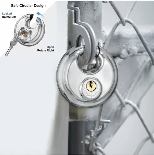 Keyed Padlock, Stainless Steel Disc Locker Lock Heavy Duty Locks with 2 Keys - Picture 1 of 10