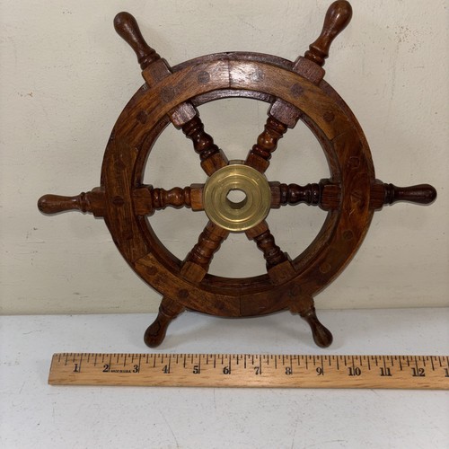 NAUTICAL WHEEL WALL DECOR VINTAGE ANTIQUE FINISHING BRASS WOODEN BOAT SHIPS 12” - Picture 4 of 8