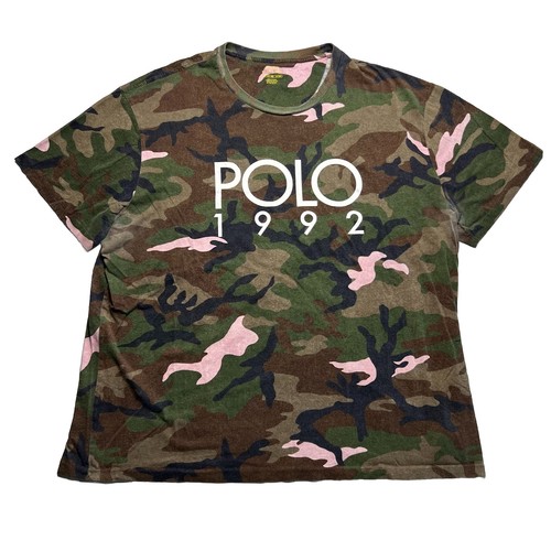 Polo 1992 Ralph Lauren Herren Gr. 2XB TShirt XXL Camouflage Grün Pink Spellout Vintage Style