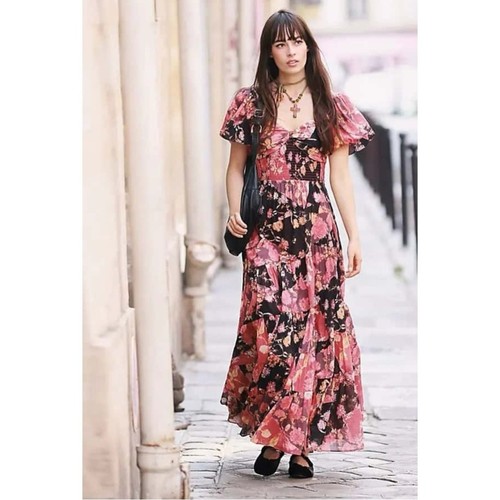 Free People Sundrenched Short Sleeve Maxi Dress in Red Floral NWT Ruffles Dainty - Picture 15 of 16
