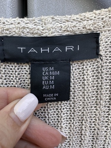 Tahari Womens Oatmeal Linen Blend Open Front Cardigan Med Lightweight Sweater - Picture 10 of 10