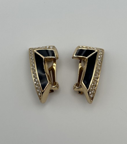 VTG Christian Dior Earrings Gold Plated Black Enamel Crystal Large Clip-On 80's - Picture 1 of 5