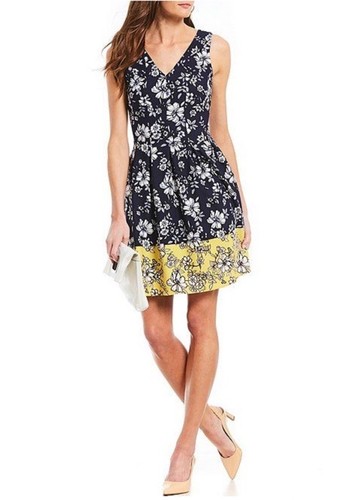 Vince Camuto Women Fit&Flare Dress Sleeveless Navy/Yellow White Floral Size12NWT