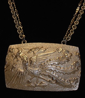 Large Napier Gold Tone Oblong Phoenix Bird Imprint Necklace