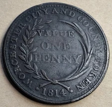 1814 WORCESTER CITY AND COUNTY 1 ONE PENNY TOKEN COIN