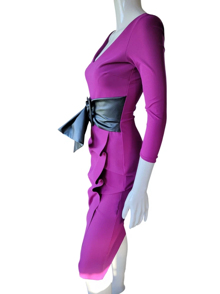 Chiara Boni La Petite Robe Belted Ruffle Sheath Bodycon Magenta Pink Women Dress - Image 2 of 4