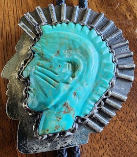 70's Navajo Bolo Tie Carved Turquoise Men's Head Profile On Sterling Silver 925