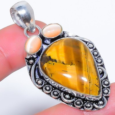 Natural Tiger'S Eye & Cat'S Eye 925 Silver Plated Jewelry Pendant 2.1'' F2543