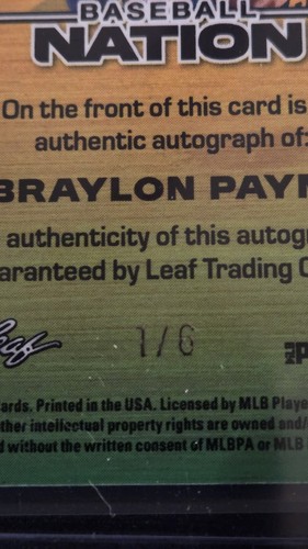 2025 Leaf Baseball Nation Braylon Payne Bonus Baby Pink Crystals 1/6 Auto - Bild 4 von 4