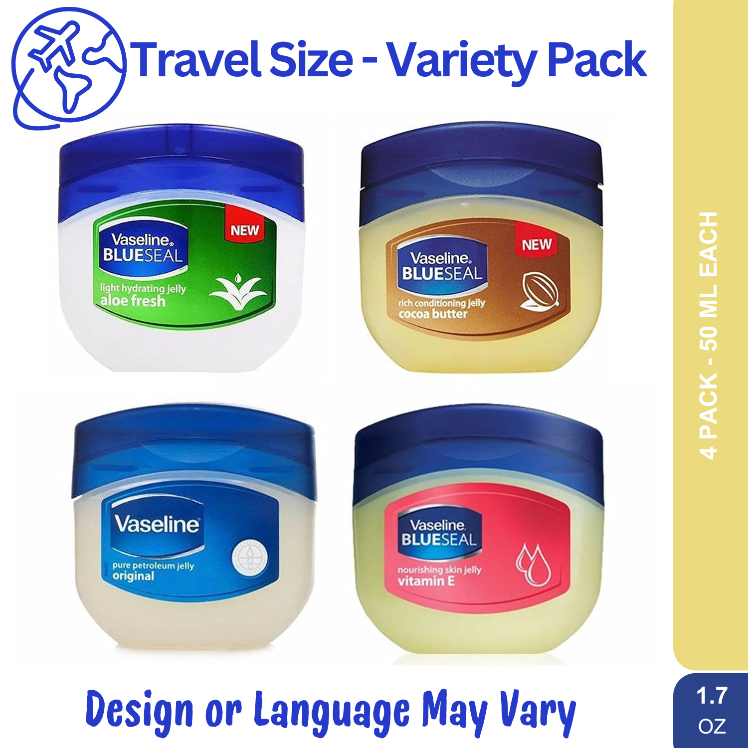 Vaseline Travel Size 4-Pack with Aloe Cocoa Vitamin E and Original Formula