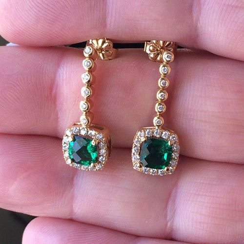 18K Yellow Gold Drop Earrings | Natural Chrome Tourmaline & White Diamonds - Picture 6 of 7