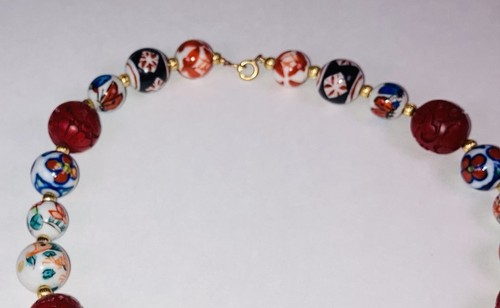 Vintage Chinese Cinnabar Hand Carved & Painted Gold Tone Beads 16” McM Choker - Picture 6 of 14