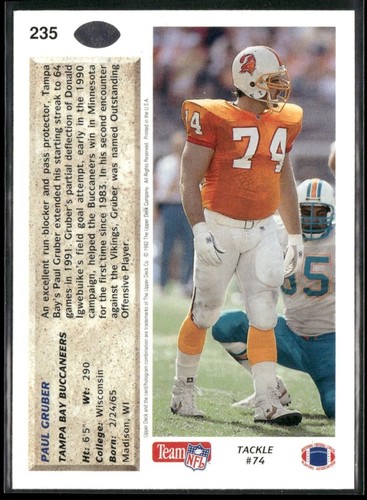 1992 Upper Deck Paul Gruber Auto Tampa Bay Buccaneers #235 - Picture 2 of 2