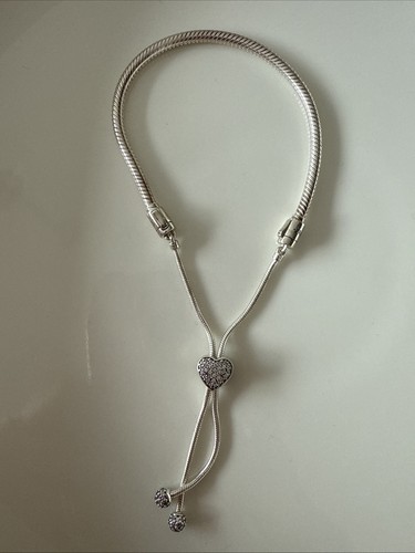 Pandora Moments Pave Heart Clasp Snake Chain Slider Bracelet