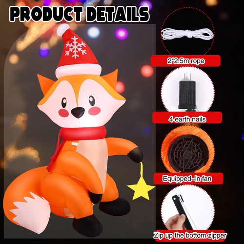 5 Fuß großer beleuchteter Fuchs Weihnachtsdeko aufblasbarer Fuchs mit Nikolausmütze und... - Bild 3 von 6