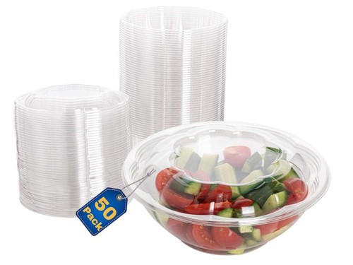 Disposable Plastic Salad Bowls with Airtight Lids (Pack of 50-24 oz) Ideal fo...
