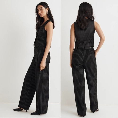 Pantalones cargo Madewell talla 6 negros a rayas mezcla de lana tiro alto cónicos NUEVO - Imagen 2 de 8