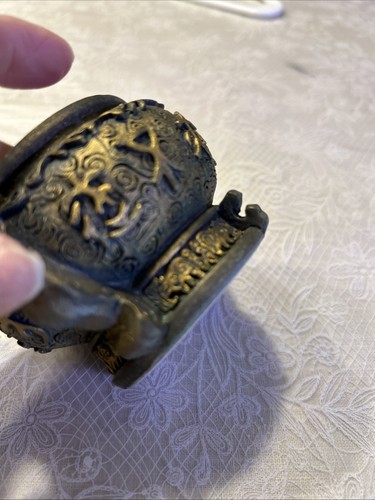 Vintage Asian Incense Burner Dragon Handles Trinket Box Mortar Wooden Lid Light - Picture 9 of 14