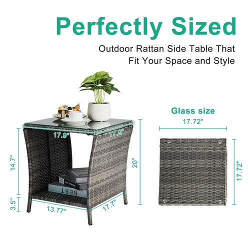 Gray Wicker Rattan Side Tea Table with Glass Patio Outdoor Garden Furniture - Picture 4 of 11