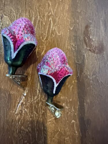 2 Antiguas Flores de Tulipán Alemán NAVIDAD Vidrio ORNAMENTO Clip En Rosa Rojo Verde - Imagen 1 de 20