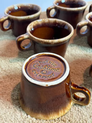 Lot x 8 Vintage 1960s Brown Hull USA Pottery Stoneware Drip Glaze Coffee Mugs