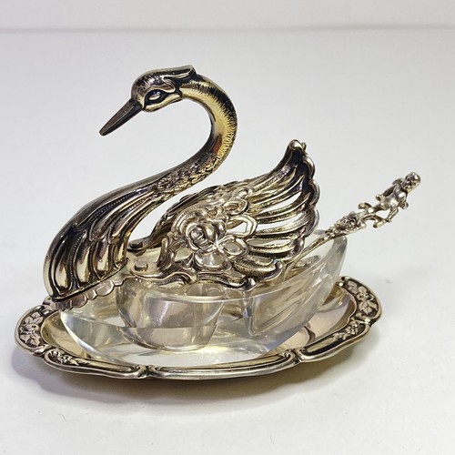 VTG ALBERT BODEMER 835 GERMAN SILVER & CRYSTAL SWAN SALT CELLAR SPOON & PLATE - 第 3/15 張圖片