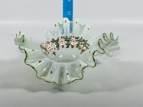 Vintage Opaline Opalescent Ruffled Crimped Edges Bowl Candle Holder Handpainted - Picture 13 of 13
