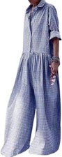 Women Long Sleeve Plaid Jumpsuit Casual Button Up Shirt Pleated Wide Leg Long