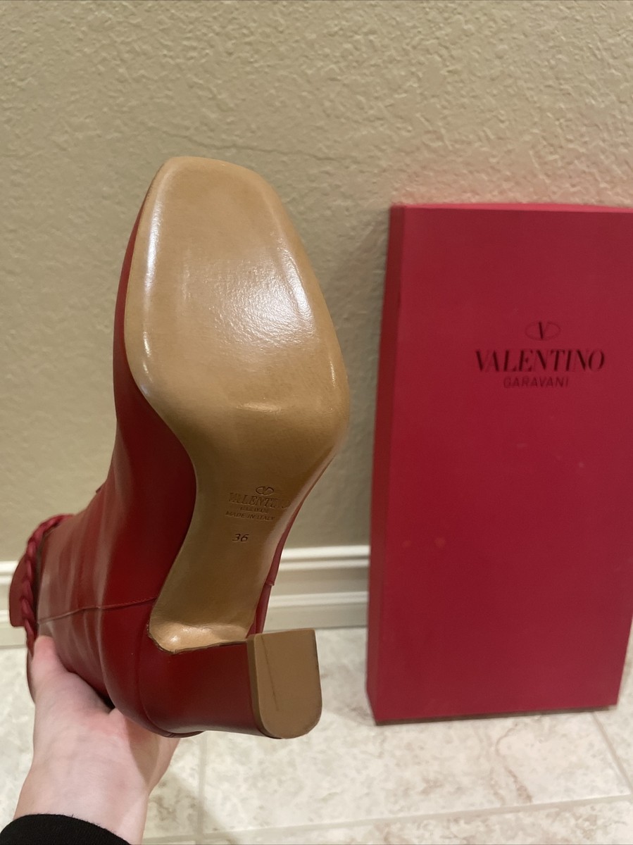 Valentino Rosso Red Leather Braid Knee High Chunky Heeled
