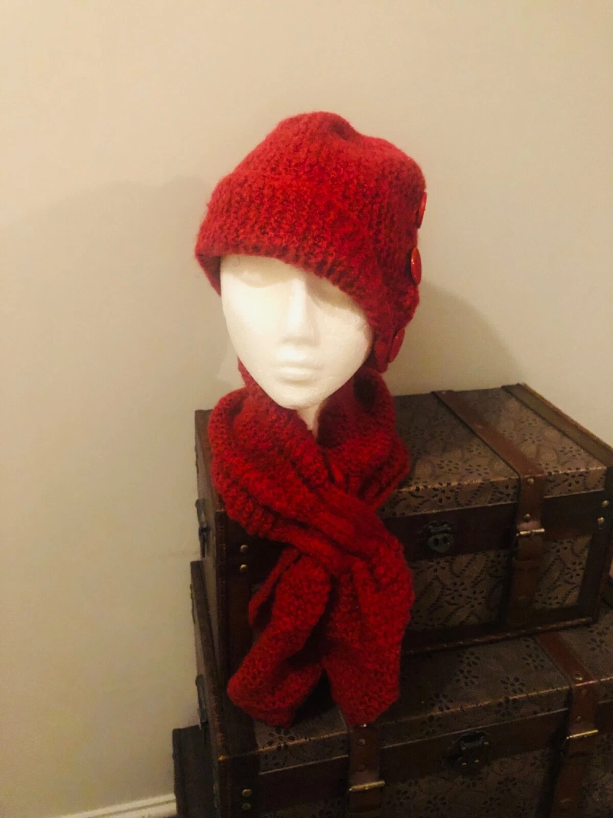womens red hand knitted hat and scalf in double knitting wool