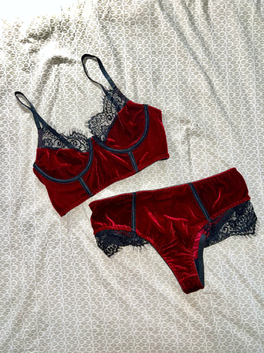 Velvet Luxe Burgundy Red Velvet Eyelash Black Lace Bra Panty Lingerie Set CUSTOM - Picture 5 of 6