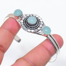 Aqua Chalcedony Gemstone 925 Sterling Silver Jewelry Adjustable Cuff Bracelet
