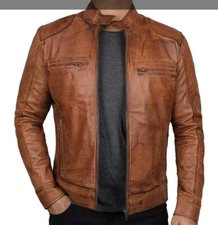 NWT Dodge Men Sheepskin Leather Jacket Tan Color Biker Style Custom Stitch S-3XL