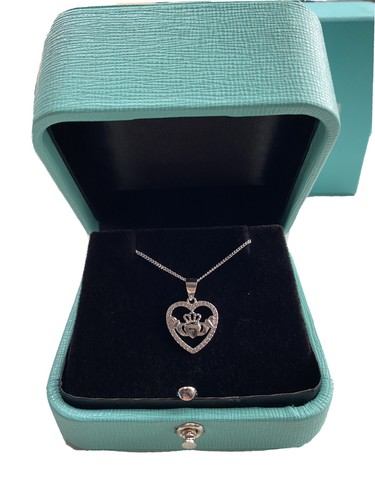 White gold finish Created Diamond Claddagh Heart Necklace Pendant gift Boxed - Picture 7 of 11