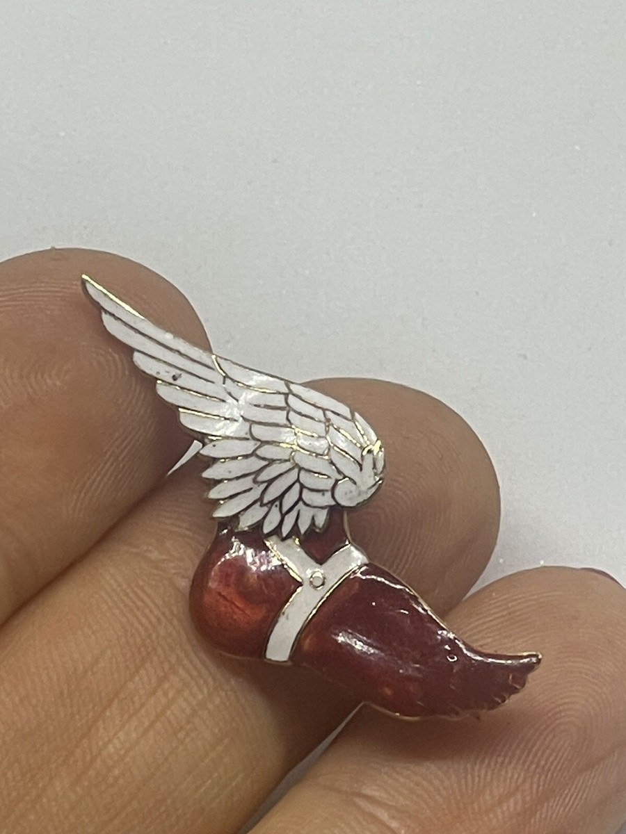 Vintage Hermes Winged Foot Enamel Red/White Brooch Pin 14k