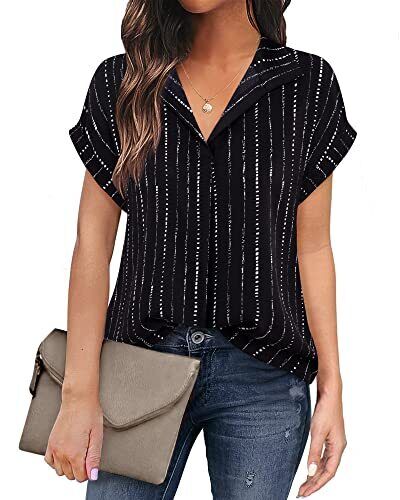 Women's Short Sleeve Chiffon Blouses for Office Work Large Black Stripe - Bild 2 von 7