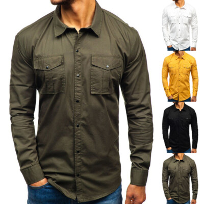 YYear Mens Pockets Button Up Basic Long Sleeve Military Shirts YYear Mens Pockets Button Up Basic Long Sleeve Military Shirts