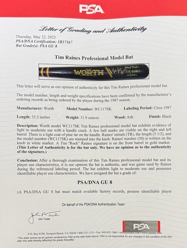 Tim Raines Signed 1987 Era Game Used Worth Bat Graded 8 PSA #1B37167 - Picture 11 of 13