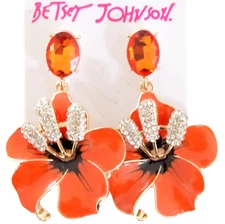 2.25" BETSEY JOHNSON 3-D ORANGE HIBISCUS FLOWER RHINESTONE DROP DANGLE EARRINGS
