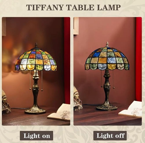 Tiffany Style Table Lamp 2 Bulb Stained Glass Vintage Bedside Reading Light - Picture 2 of 6