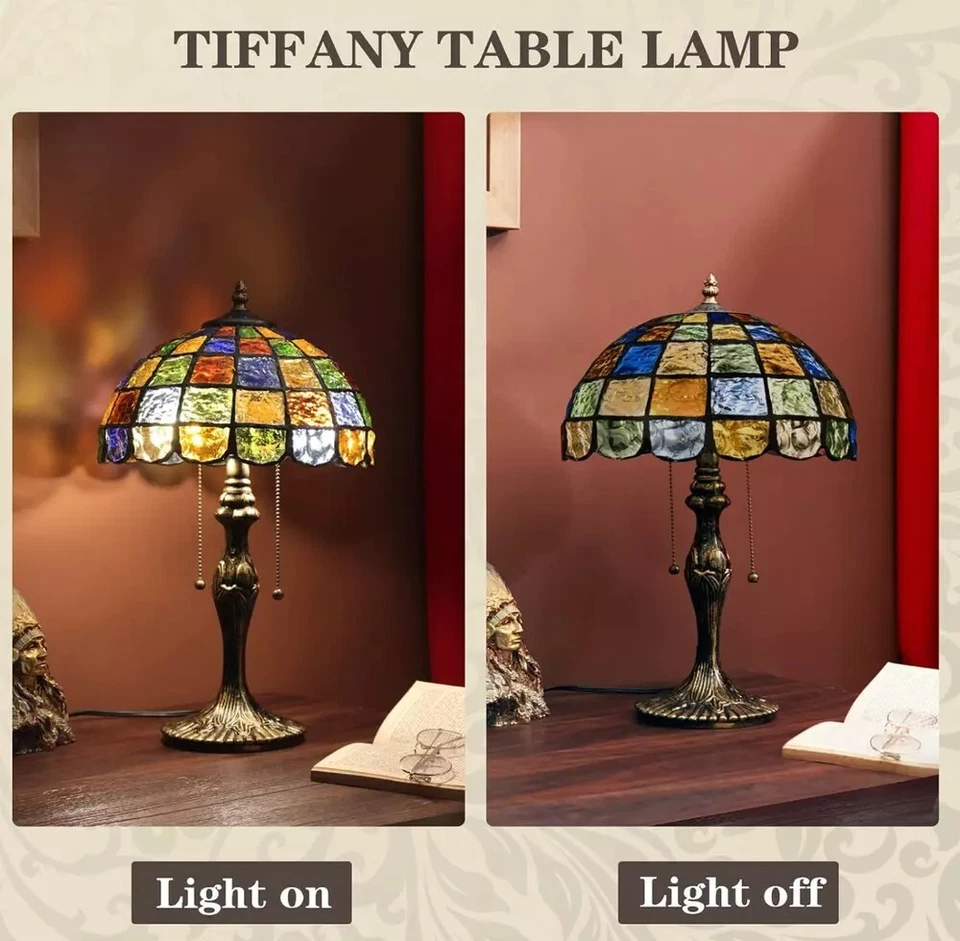 Tiffany Style Table Lamp 2 Bulb Stained Glass Vintage Bedside Reading Light - Image 2 of 4