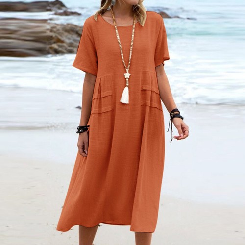 Womens Summer Baggy Midi Dress Ladies Casual Loose Kaftan Sundress Plus Size - Picture 3 of 18