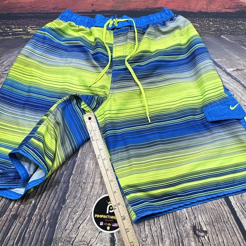 Nike Swim Trunks Shorts Mens Large Brief Lined Striped Neon Blue Volt Swoosh - Picture 10 of 10
