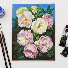 Original Pink White Roses Gouache Canvas Painting, Floral Flowers Garden Blossom