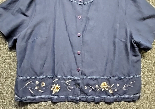 Vintage Koret Top Womens 24W Plus Navy Blue Embroidered Floral Cottage Linen Y2K - Picture 3 of 11